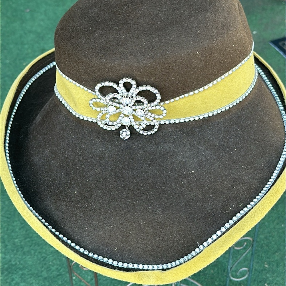 Jack McConnell brown & Yellow with rhinestones Vintage Ladies hat